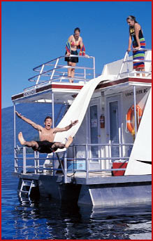 Propeller guard on a houseboat for safety and protection of swimmers.